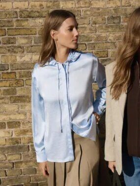 Zara ZW Collection Women Sky Blue Satin Hooded Blouse Size XS NWT